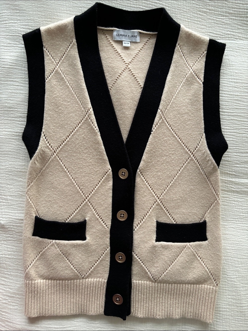 Gemma + Jane Beige and Black Knit Button Vest - Picture 2 of 5